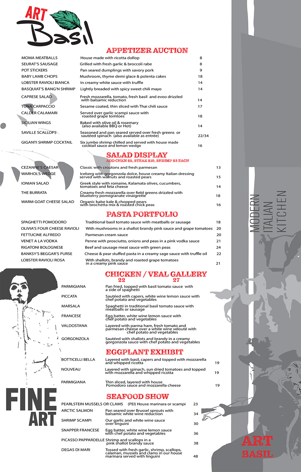 Menu Design for Art Basil, Palm Beach - Modern Italian Cuisine & Fine Art