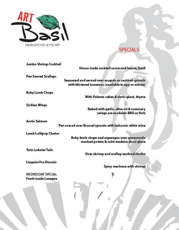 Menu Design for Art Basil, Palm Beach - Modern Italian Cuisine & Fine Art